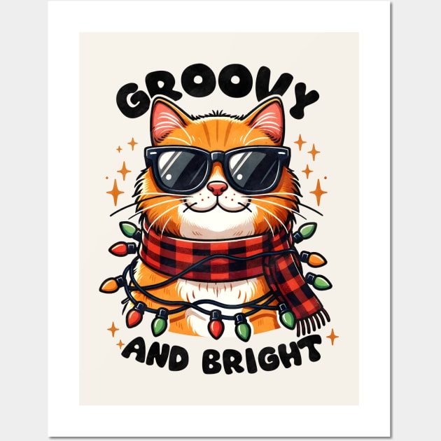 Groovy and Bright Christmas Cat Wall Art by Nessanya